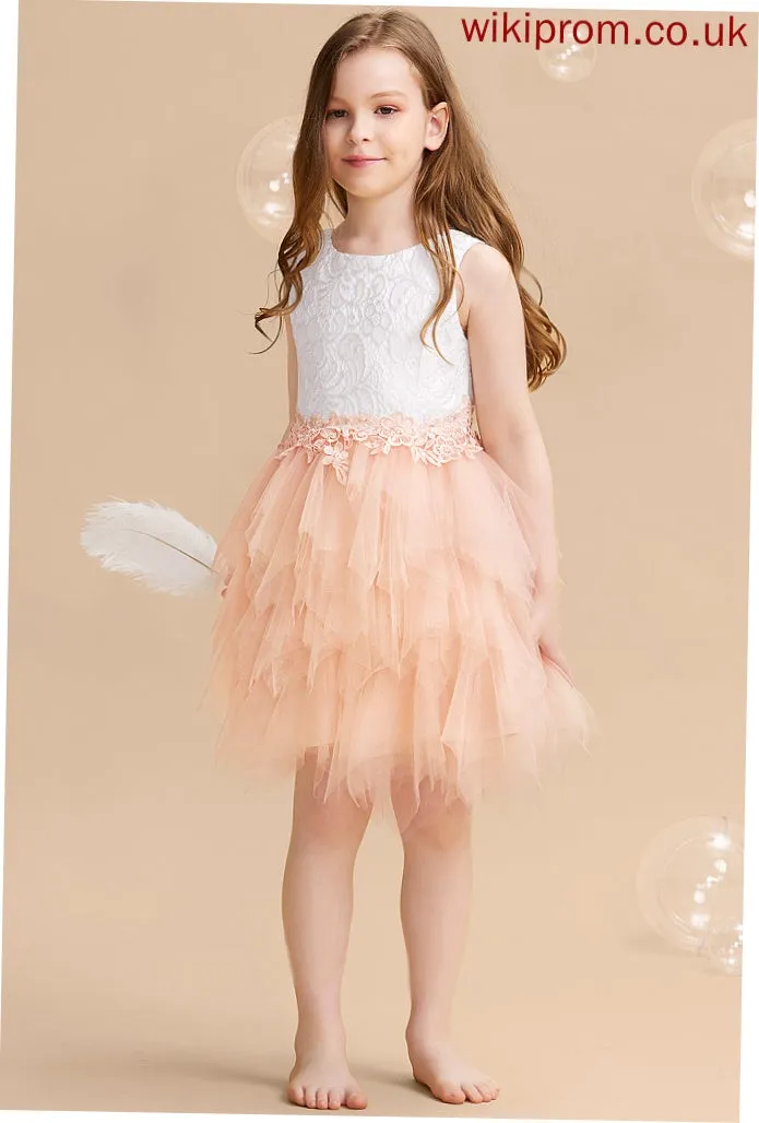 - With Girl Flower Flower Girl Dresses Knee-length Neck Dress Ball-Gown/Princess Scoop Sleeveless Back Tulle/Lace Whitney Lace/Beading/Sequins/V