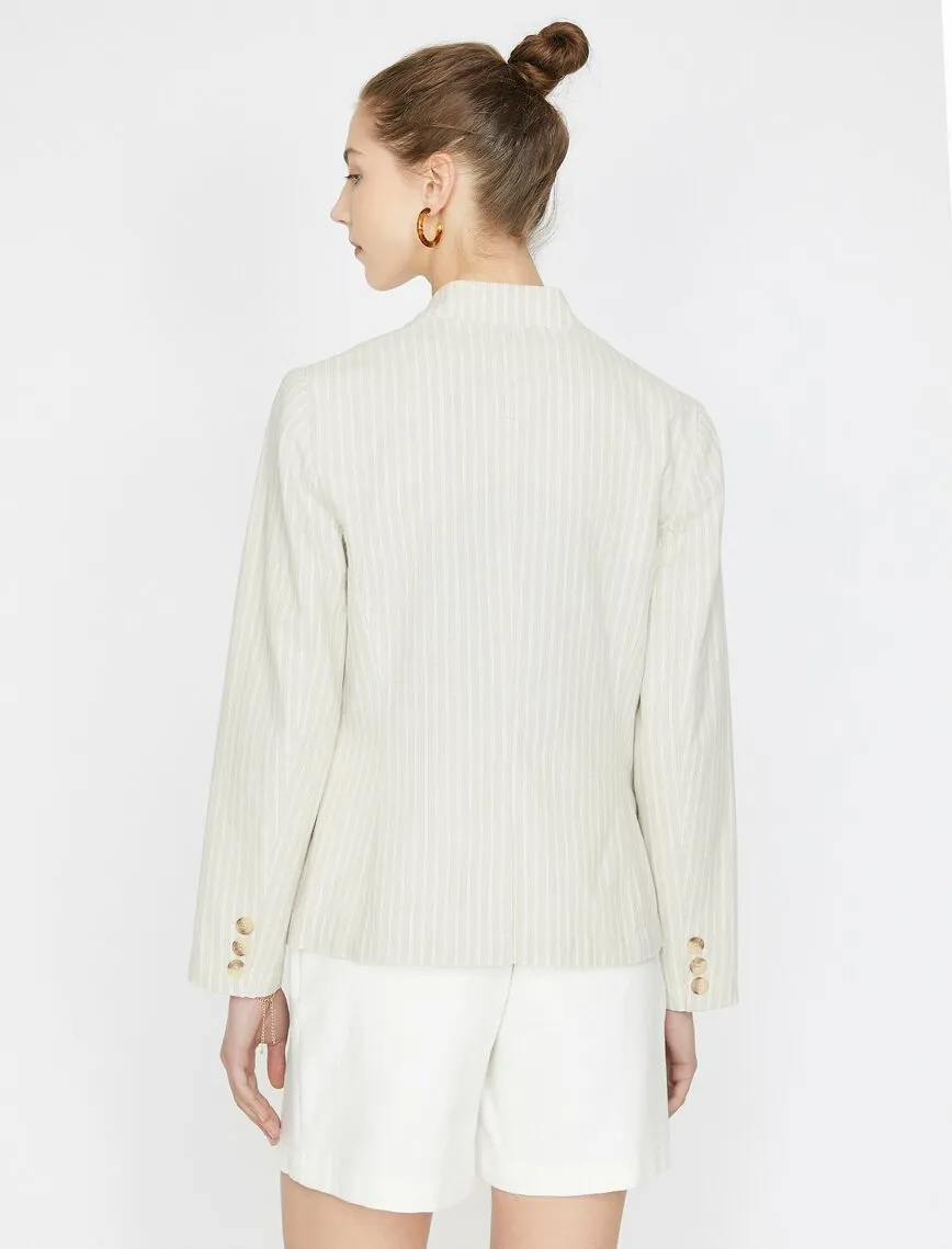 10612 Ecru High Collar Striped Linen acket