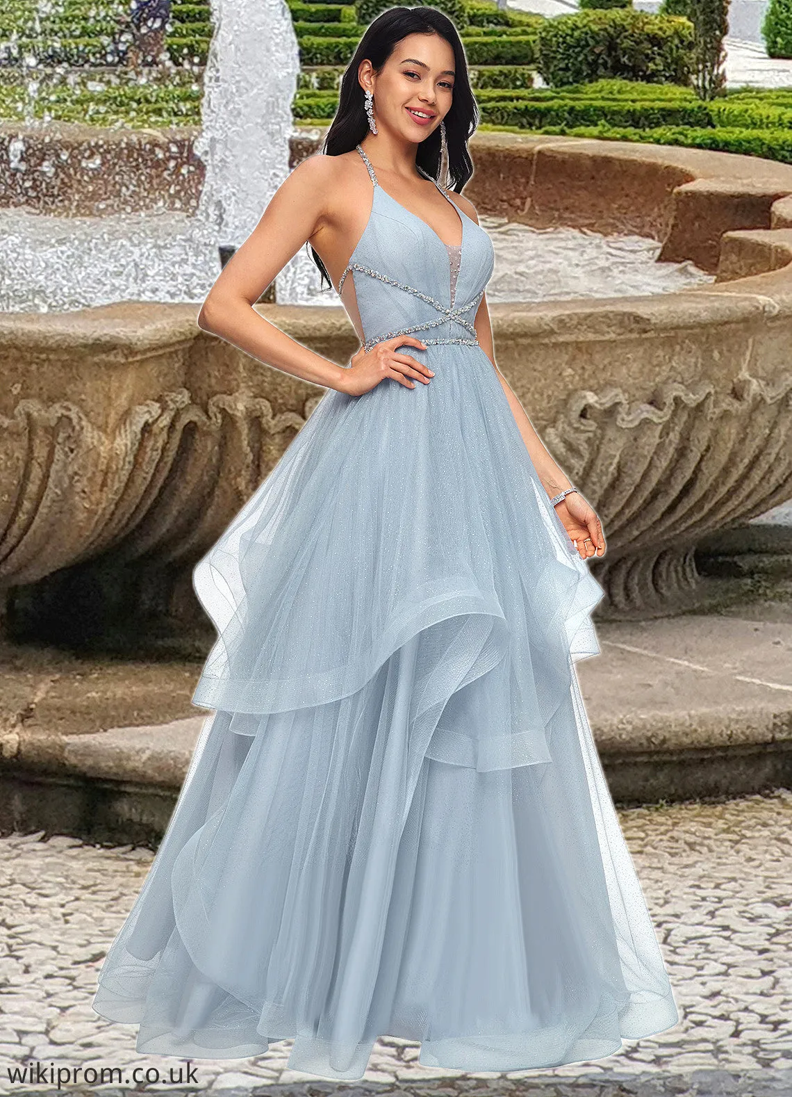 Aniyah Ball-Gown/Princess Halter V-Neck Floor-Length Tulle Prom Dresses With Beading Rhinestone Sequins SWKP0022199