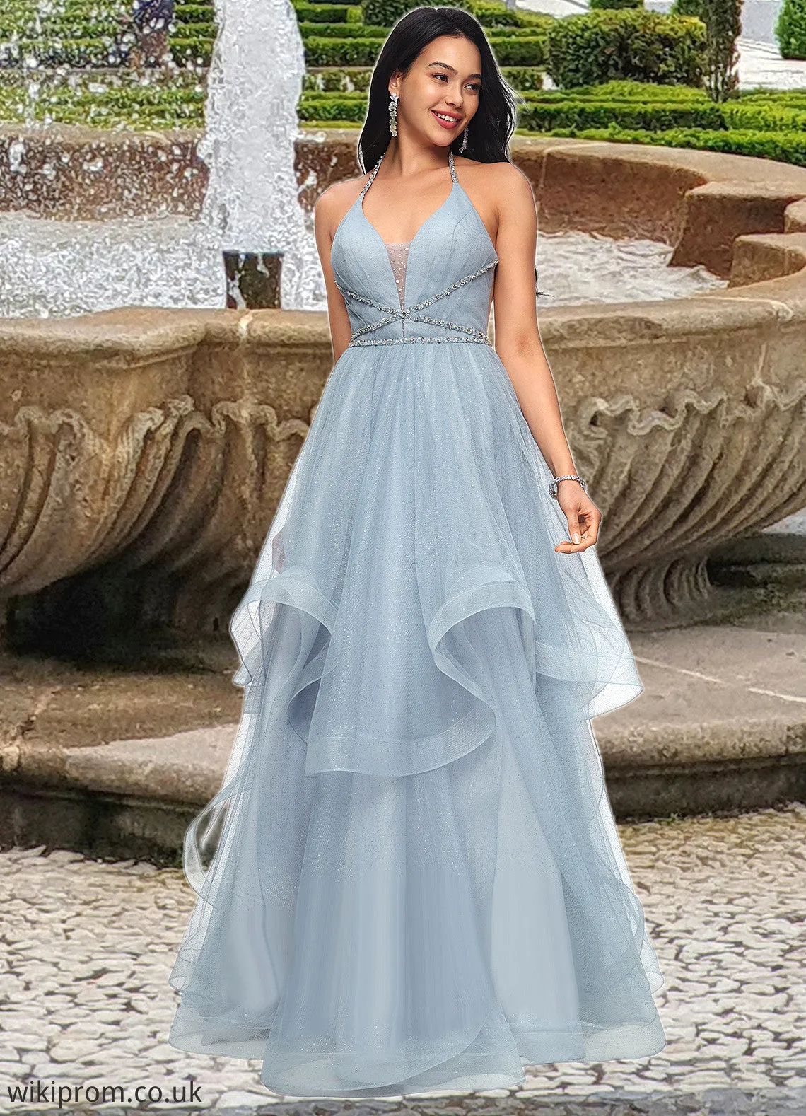 Aniyah Ball-Gown/Princess Halter V-Neck Floor-Length Tulle Prom Dresses With Beading Rhinestone Sequins SWKP0022199