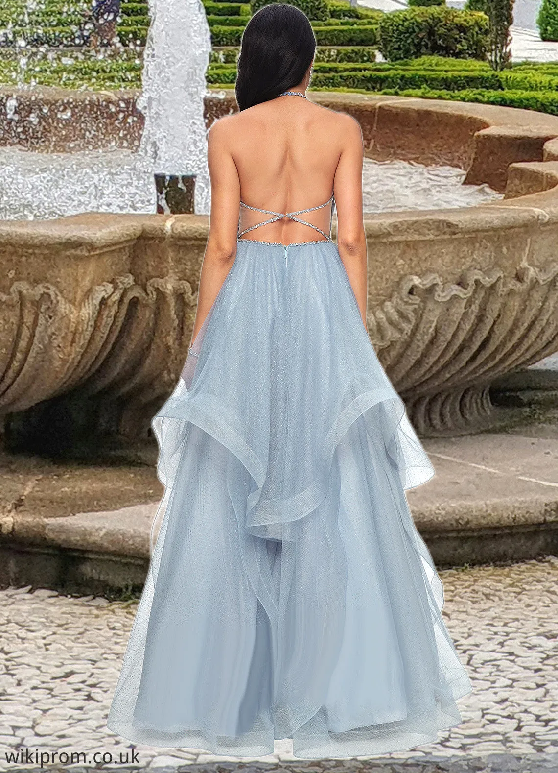Aniyah Ball-Gown/Princess Halter V-Neck Floor-Length Tulle Prom Dresses With Beading Rhinestone Sequins SWKP0022199