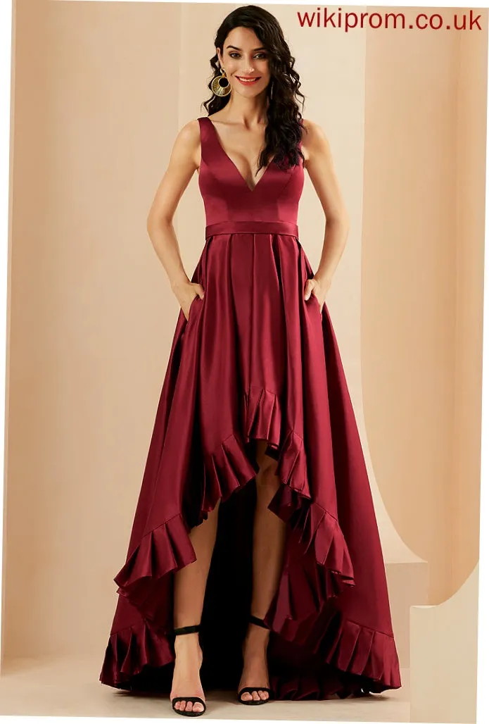 Ball-Gown/Princess Asymmetrical Pockets Prom Dresses Catherine Satin V-neck With