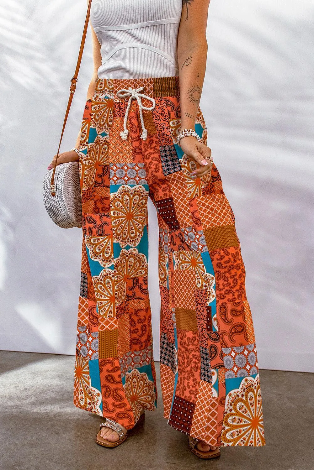 Blue Zone Planet |  Bohemian Patchwork Drawstring Wide Leg Pants
