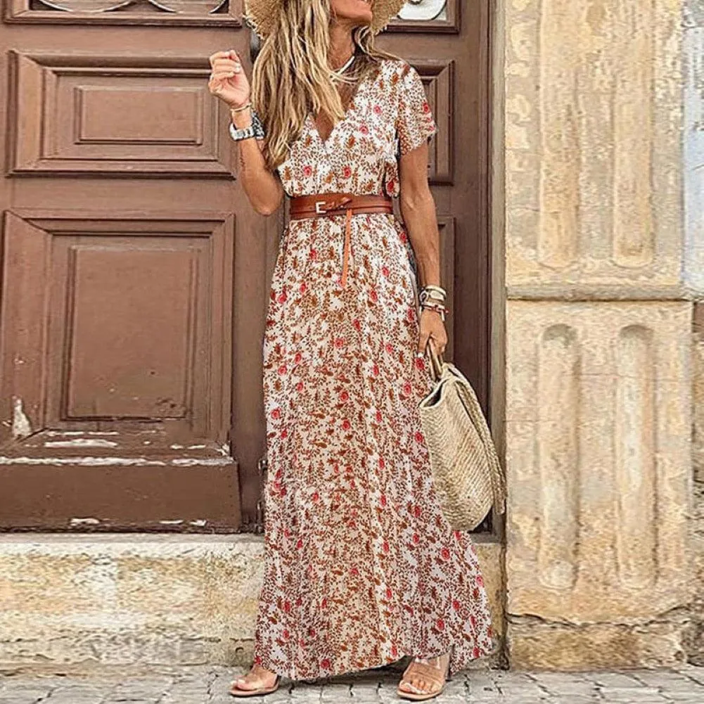 Boho Women V Neck Short Sleeve Paisley Print Maxi Dress