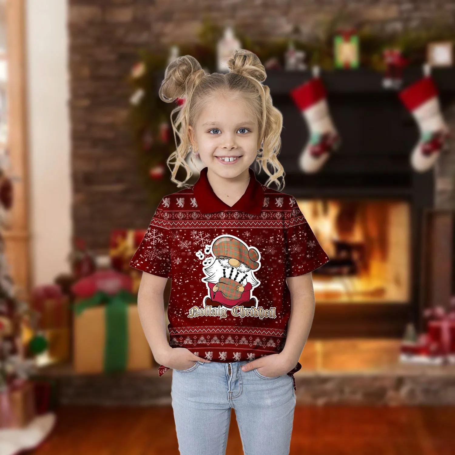 Bruce Ancient Clan Christmas Family Polo Shirt with Funny Gnome Playing Bagpipes