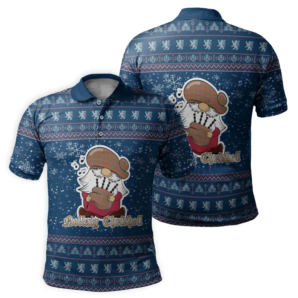 Bruce Ancient Clan Christmas Family Polo Shirt with Funny Gnome Playing Bagpipes