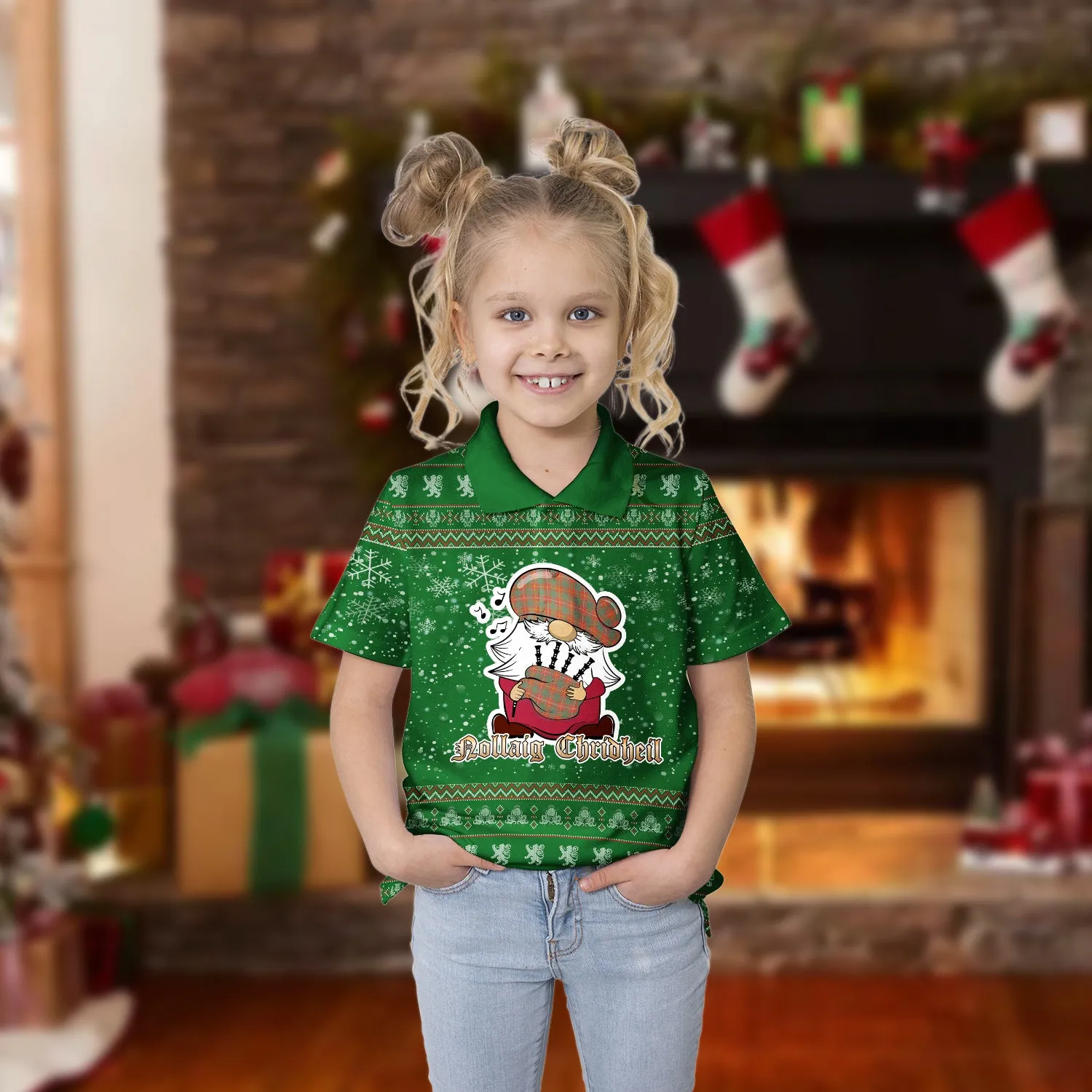 Bruce Ancient Clan Christmas Family Polo Shirt with Funny Gnome Playing Bagpipes