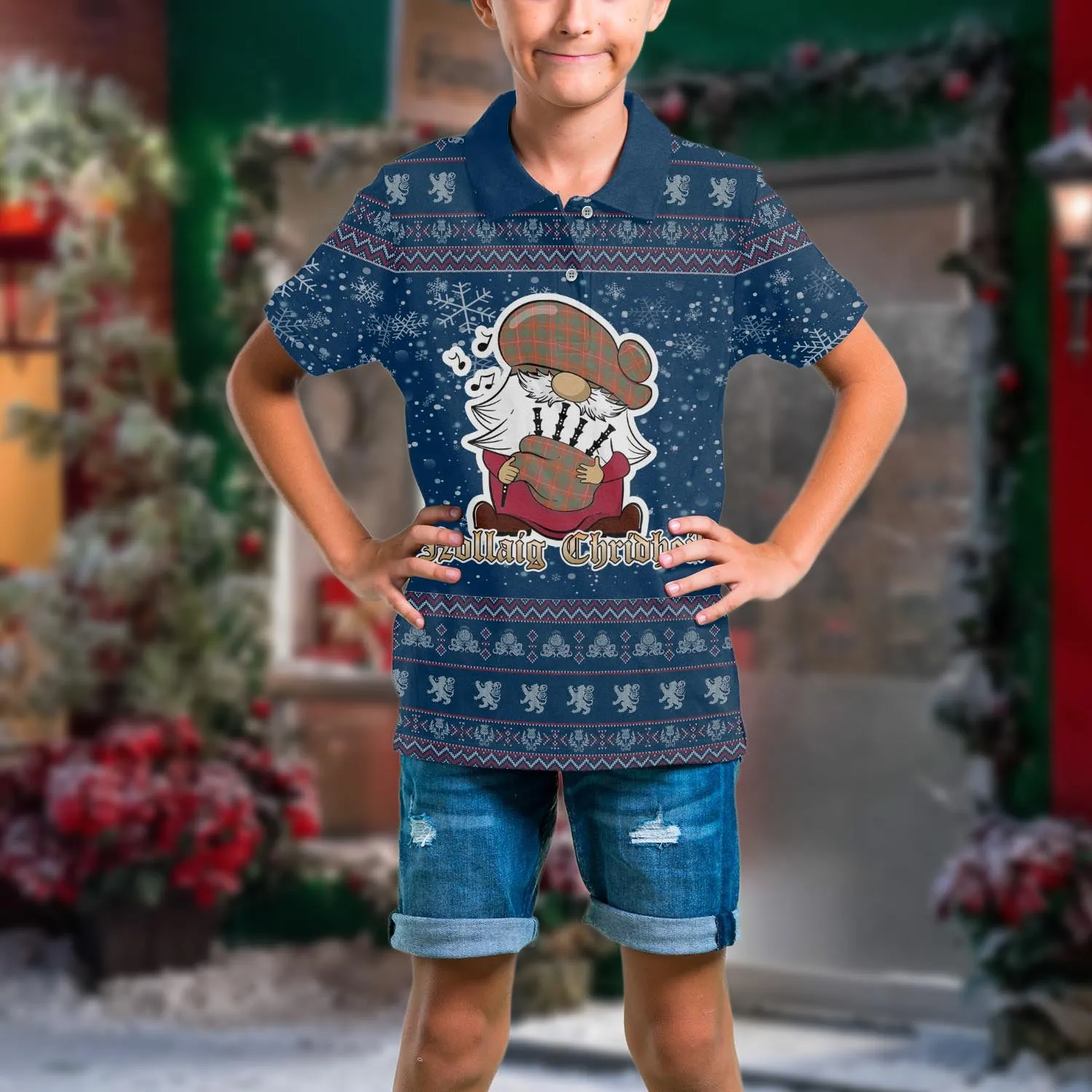 Bruce Ancient Clan Christmas Family Polo Shirt with Funny Gnome Playing Bagpipes