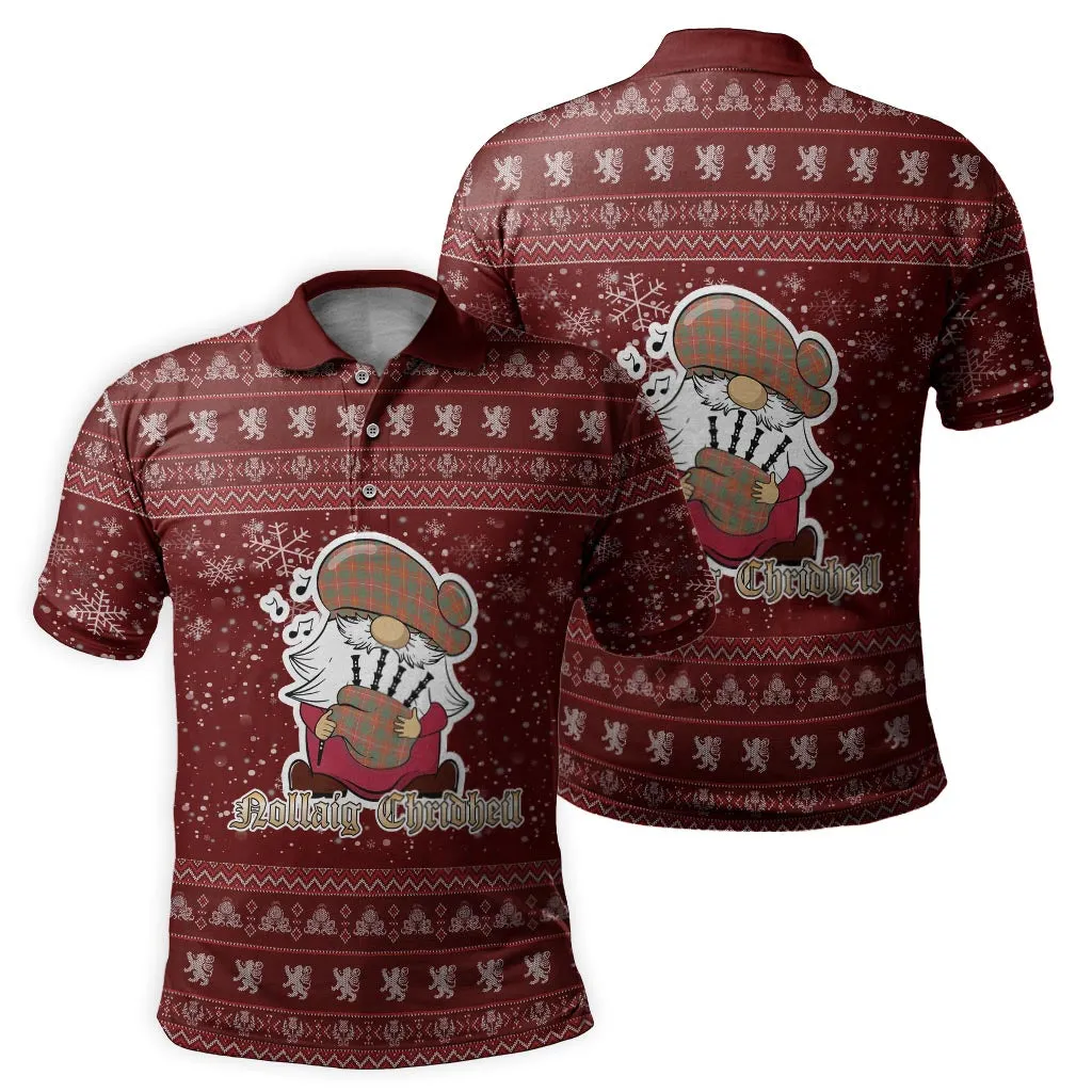 Bruce Ancient Clan Christmas Family Polo Shirt with Funny Gnome Playing Bagpipes