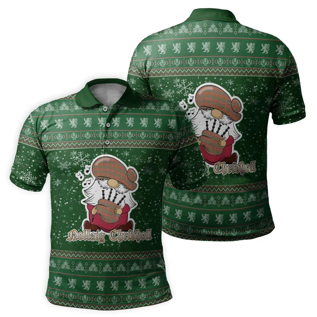 Bruce Ancient Clan Christmas Family Polo Shirt with Funny Gnome Playing Bagpipes