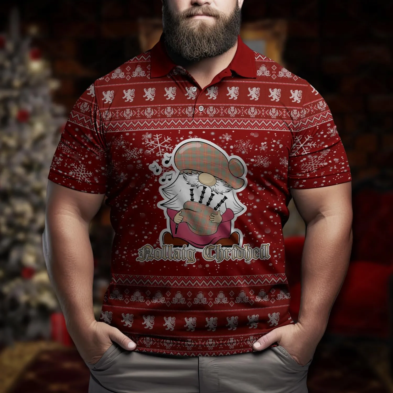 Bruce Ancient Clan Christmas Family Polo Shirt with Funny Gnome Playing Bagpipes
