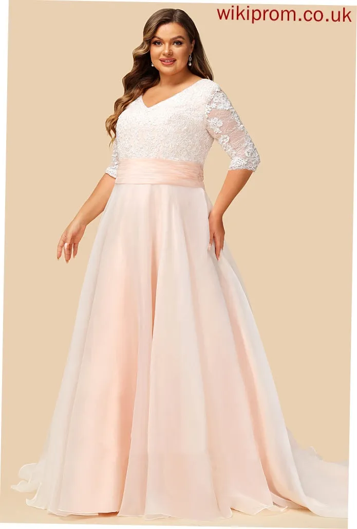 Court Train Wedding Ball-Gown/Princess Organza Ruffle Dress Susanna Lace V-neck Wedding Dresses With