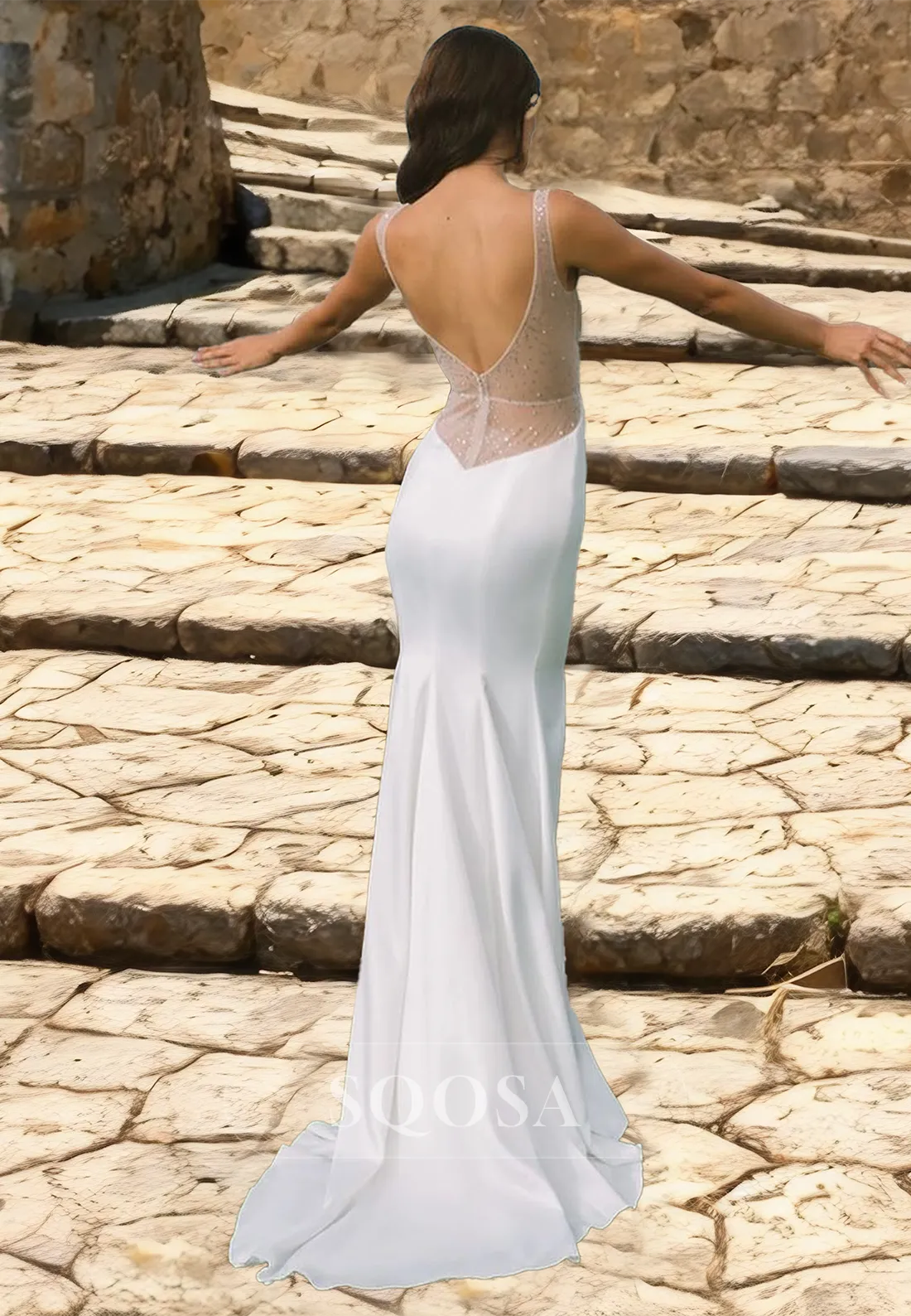 Deep V-Neck Straps Sleeveless Mermaid Wedding Dress Pleated Beaded Sheer Satin Bride Gowns