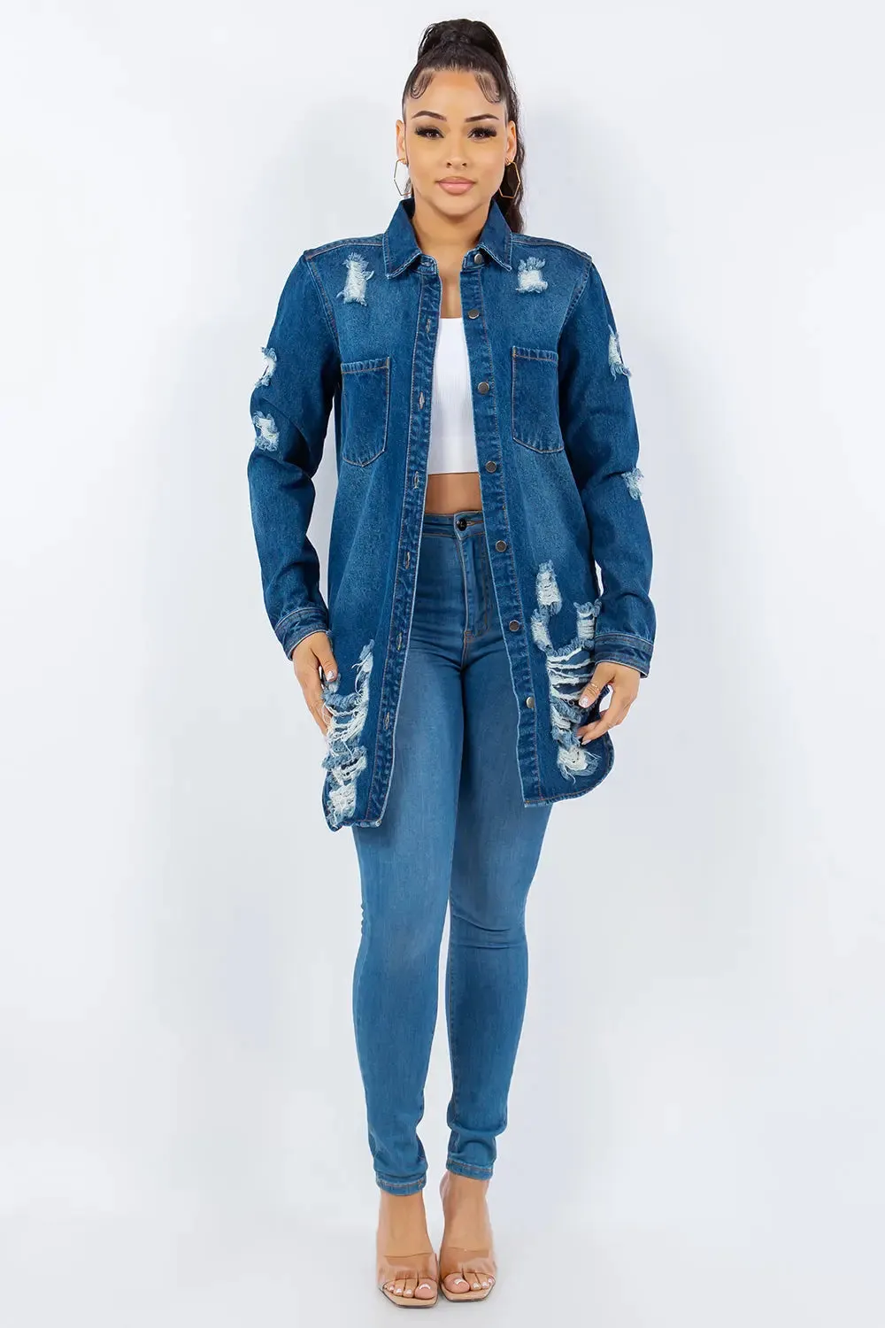 Distressed Button-Up Long Sleeve Denim Jacket | Trendy & Versatile