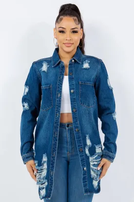 Distressed Button-Up Long Sleeve Denim Jacket | Trendy & Versatile