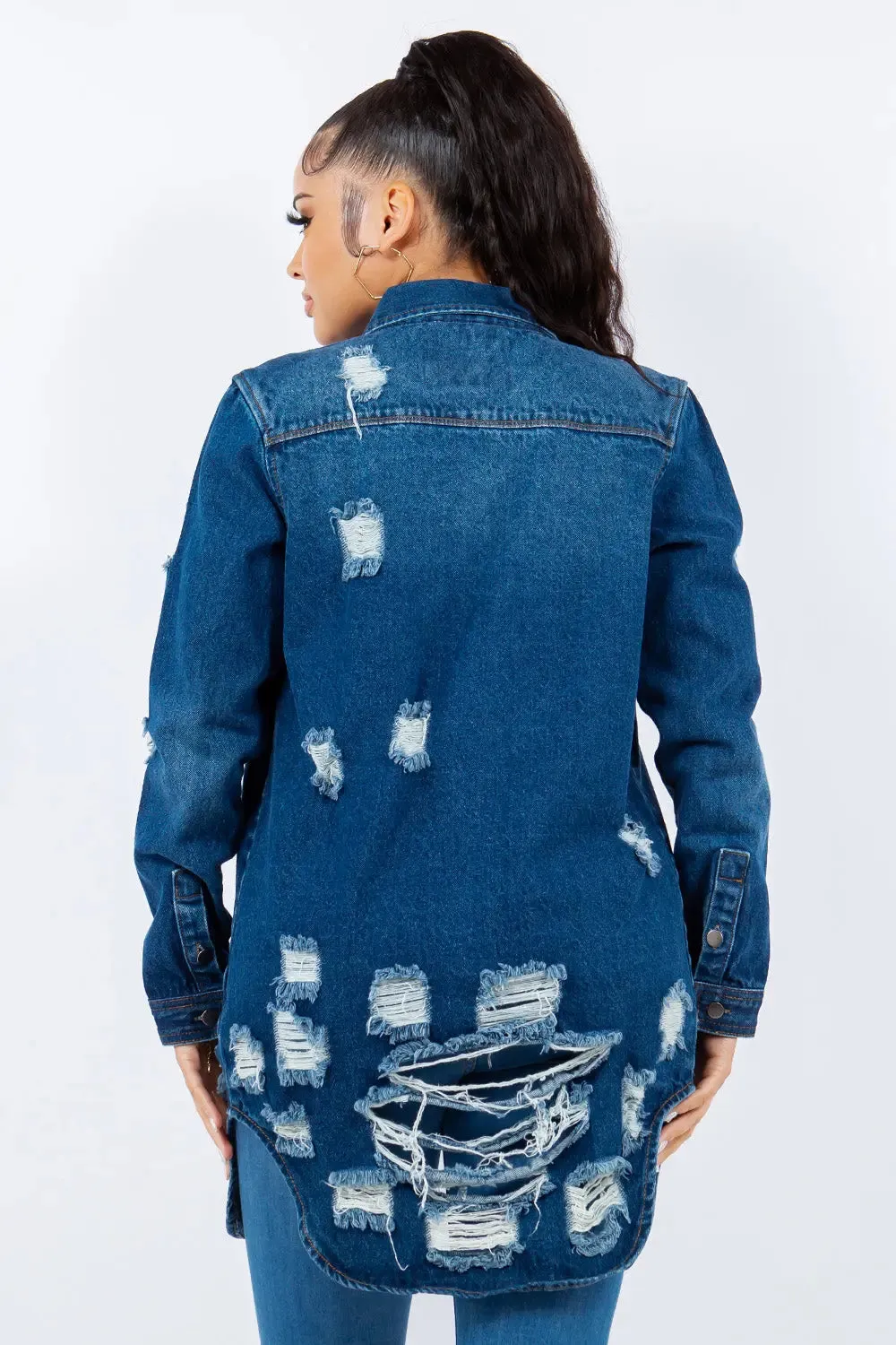 Distressed Button-Up Long Sleeve Denim Jacket | Trendy & Versatile
