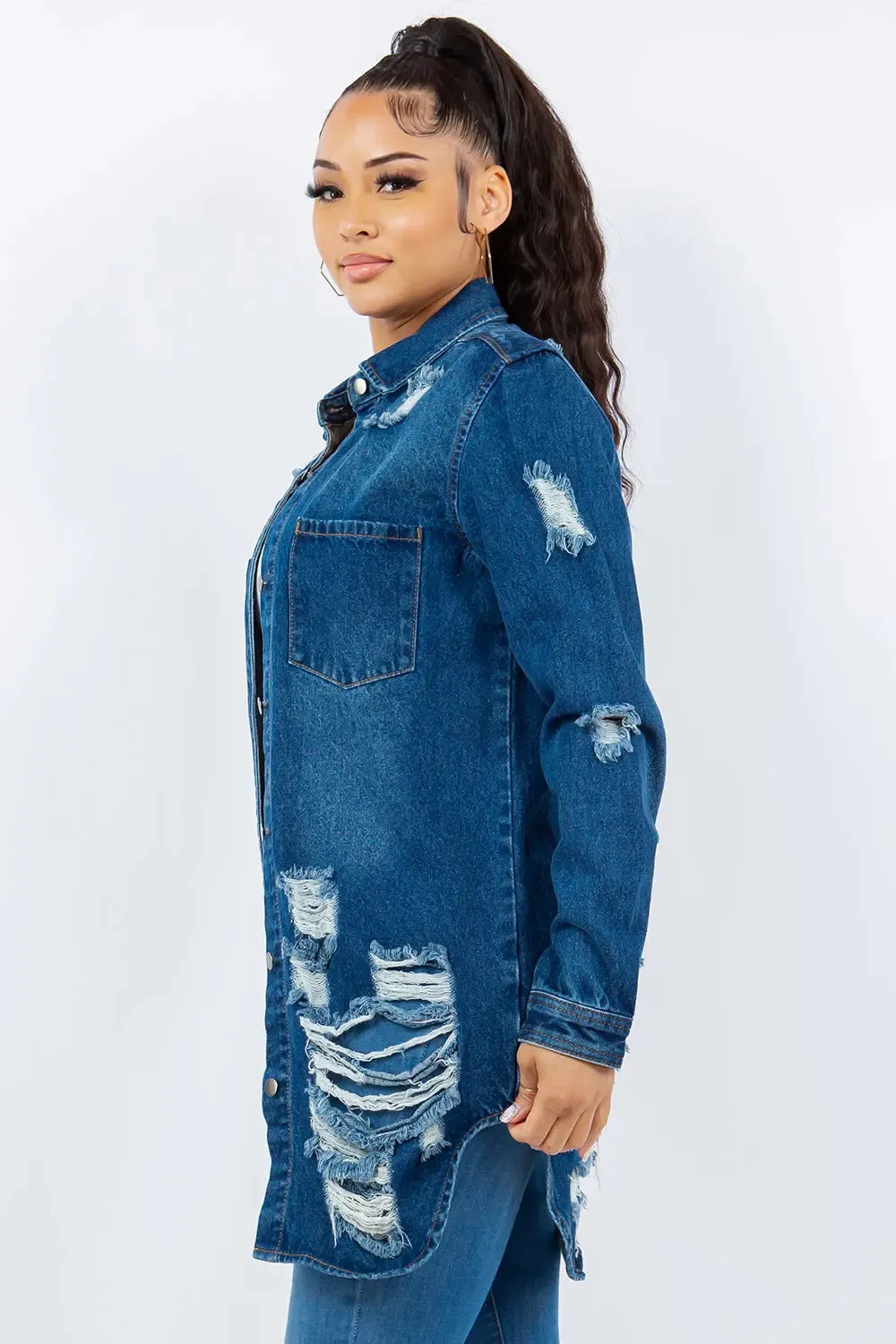 Distressed Button-Up Long Sleeve Denim Jacket | Trendy & Versatile