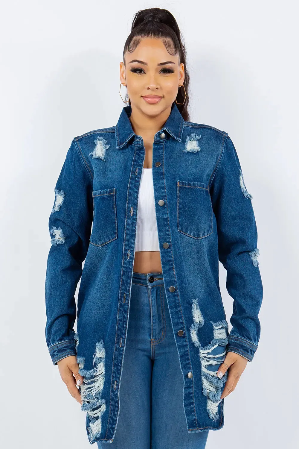 Distressed Button-Up Long Sleeve Denim Jacket | Trendy & Versatile