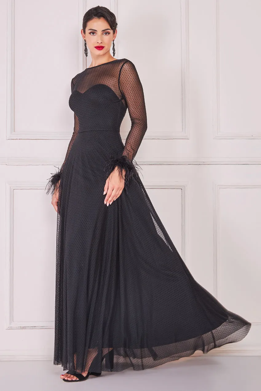 Goddiva Dobby Mesh Feather Trimmed Sleeve Maxi Dress