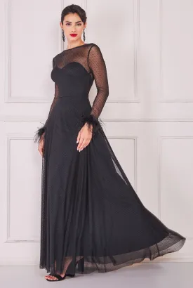 Goddiva Dobby Mesh Feather Trimmed Sleeve Maxi Dress