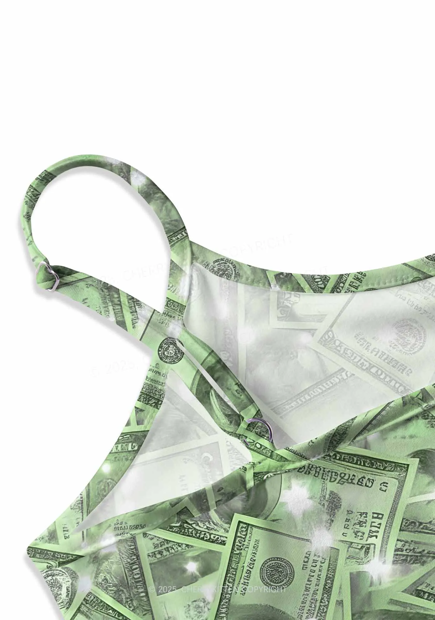 Green Shiny Money Y2K Print Cami Crop Top Cherrykitten