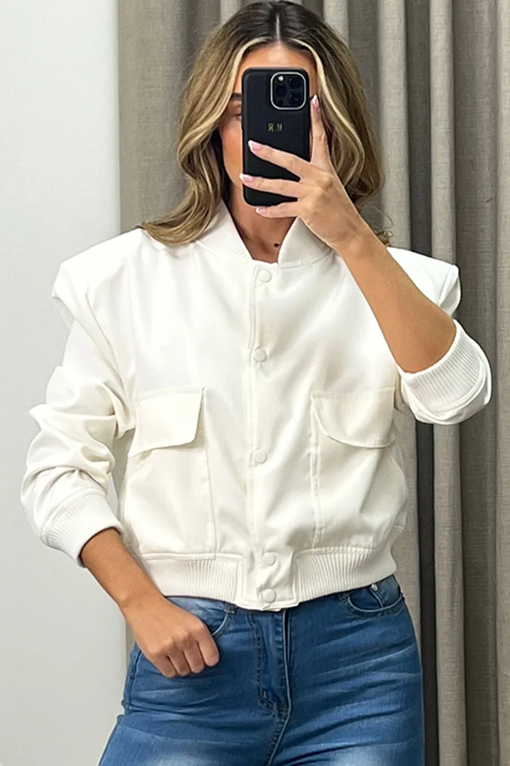 Kienna White Pocket Detail Cropped Cargo Bomber Jacket