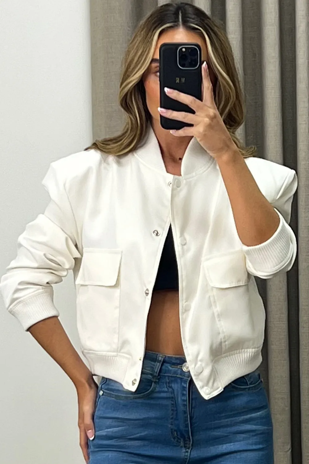 Kienna White Pocket Detail Cropped Cargo Bomber Jacket