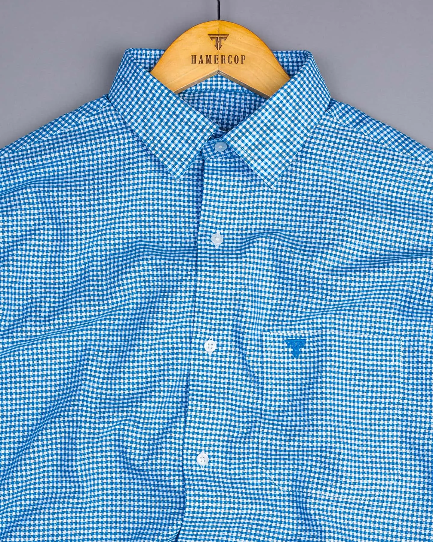 Lolo Water Blue With White Small Check Oxford Cotton Shirt