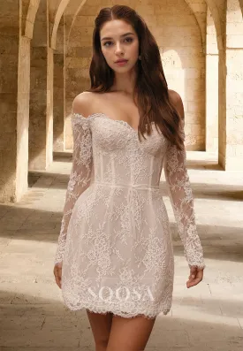 Long-Sleeves Sweetheart Mermaid Boho Wedding Dress Off-Shoulder Lace Applique Short Bride Gowns