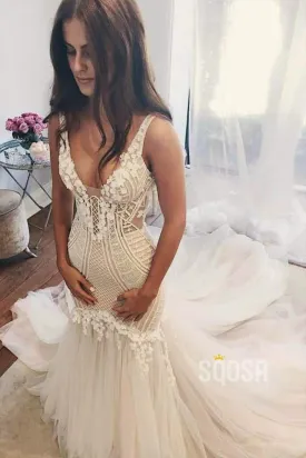 Mermaid/Trumpet Wedding Dress V-neck Lace Wedding Gowns Royal Train Bridal Gowns QW2085