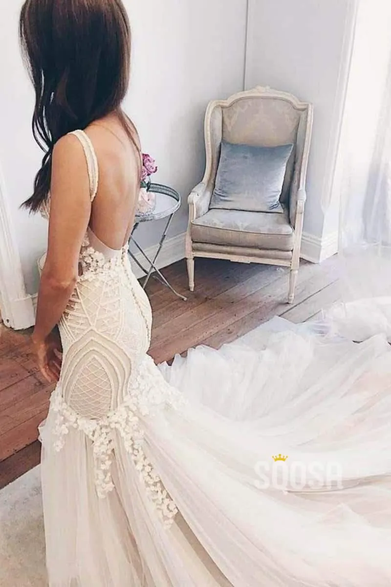 Mermaid/Trumpet Wedding Dress V-neck Lace Wedding Gowns Royal Train Bridal Gowns QW2085