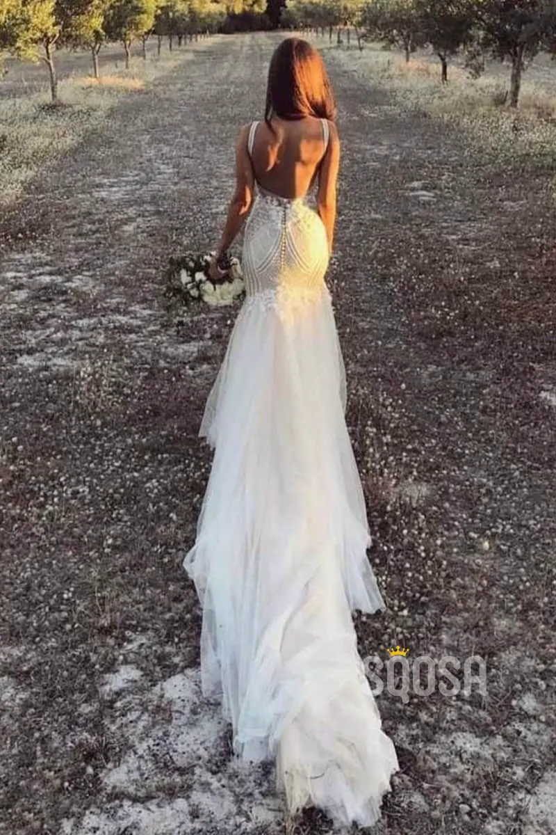 Mermaid/Trumpet Wedding Dress V-neck Lace Wedding Gowns Royal Train Bridal Gowns QW2085