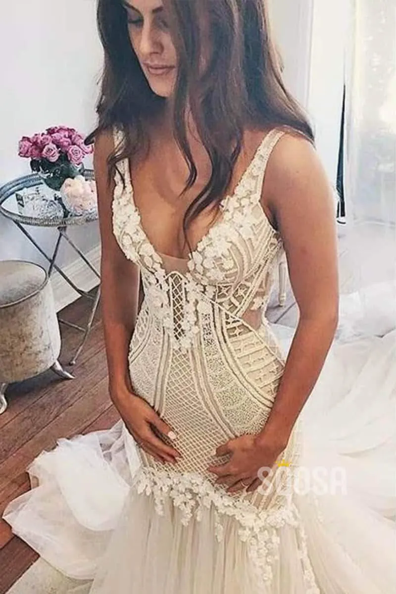 Mermaid/Trumpet Wedding Dress V-neck Lace Wedding Gowns Royal Train Bridal Gowns QW2085