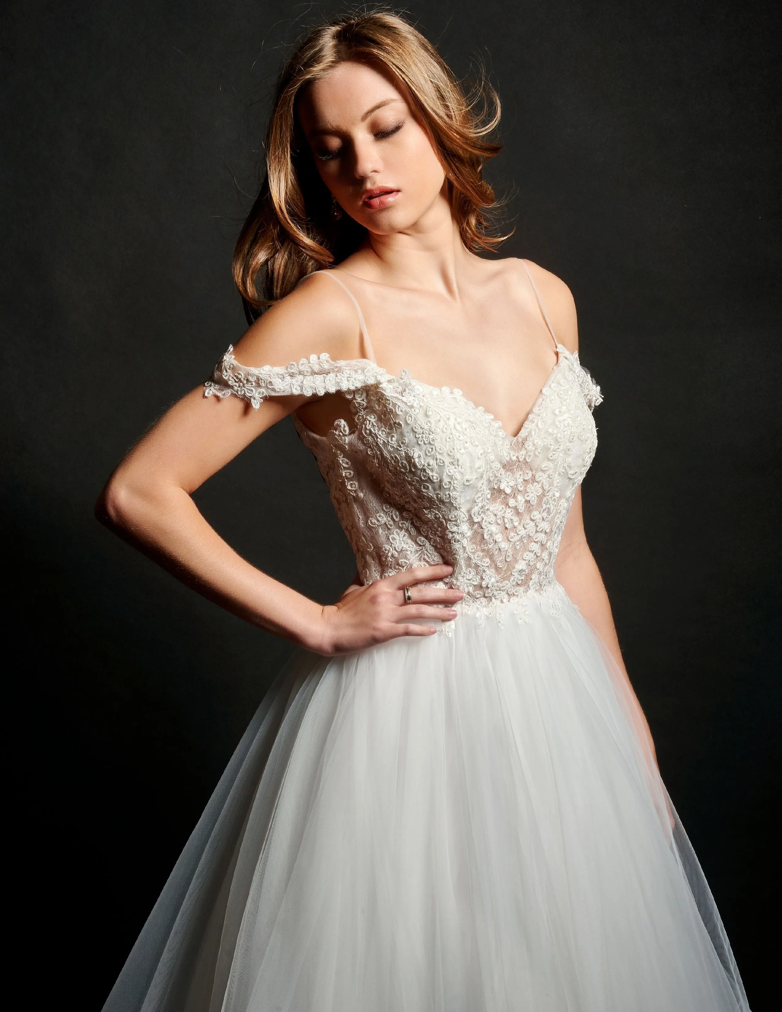 Nina Canacci 5205 Size 12 Long Sheer Ruffle Ballgown off the Shoulder Bridal Gown Dress