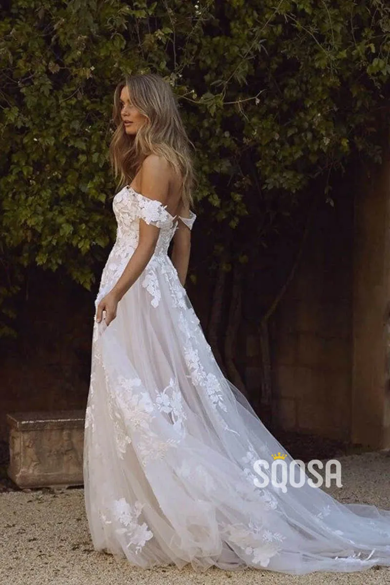Off-the-Shoulder Modest Tulle Appliques A-Line Rustic Wedding Dress Bridal Gowns QW0906
