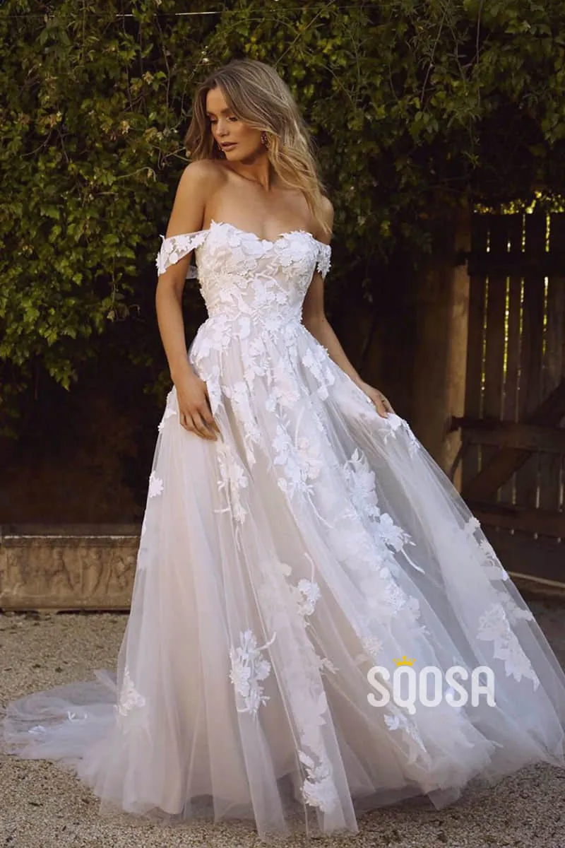 Off-the-Shoulder Modest Tulle Appliques A-Line Rustic Wedding Dress Bridal Gowns QW0906