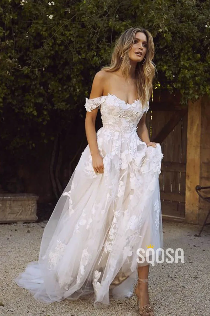 Off-the-Shoulder Modest Tulle Appliques A-Line Rustic Wedding Dress Bridal Gowns QW0906