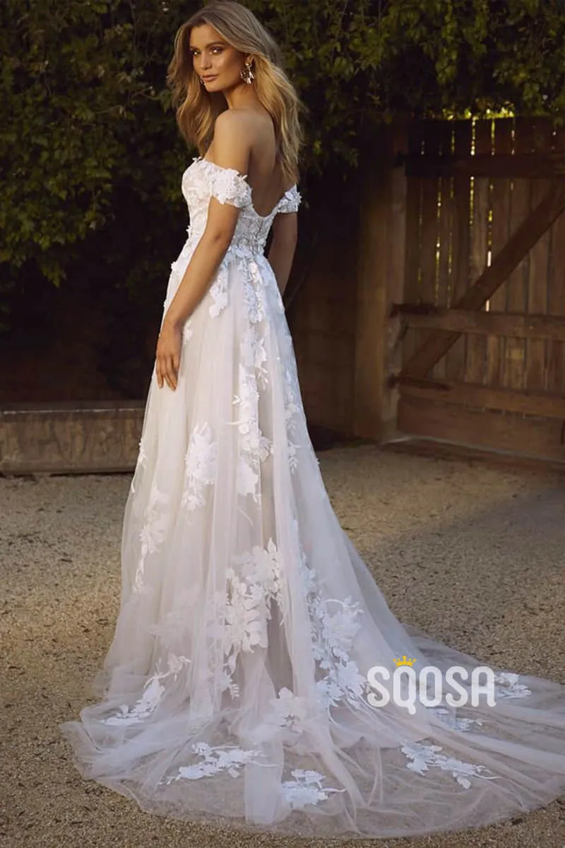 Off-the-Shoulder Modest Tulle Appliques A-Line Rustic Wedding Dress Bridal Gowns QW0906