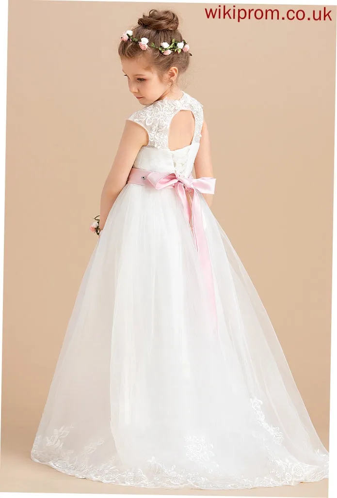 (Petticoat Sash/Beading/Appliques/Bow(s) Dress Tulle/Lace - With Flower Girl Dresses Tamia Neck Girl included) Flower Floor-length NOT Scoop Ball-Gown/Princess Sleeveless