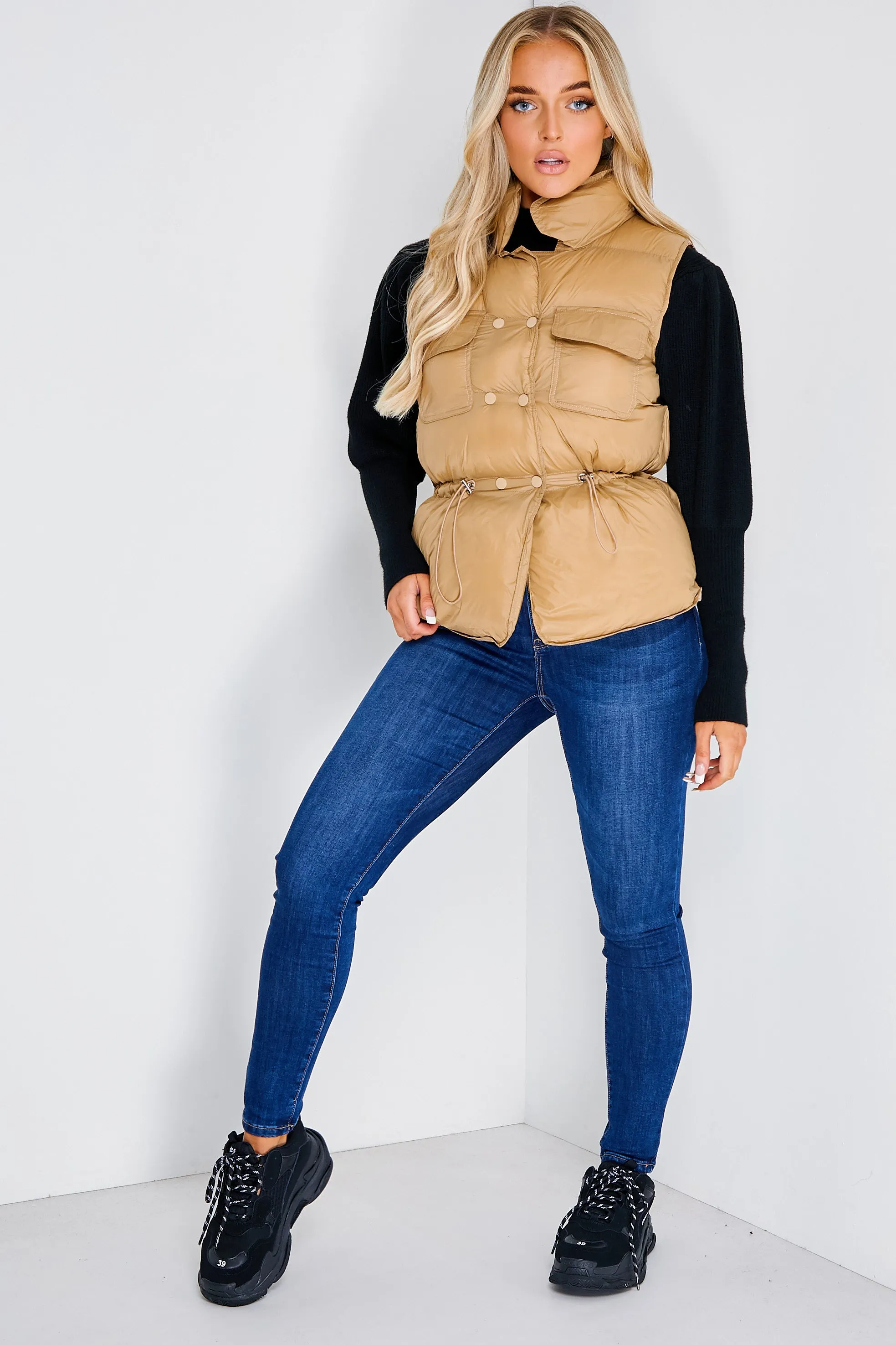 Pia Camel Puffer Gilet Coat