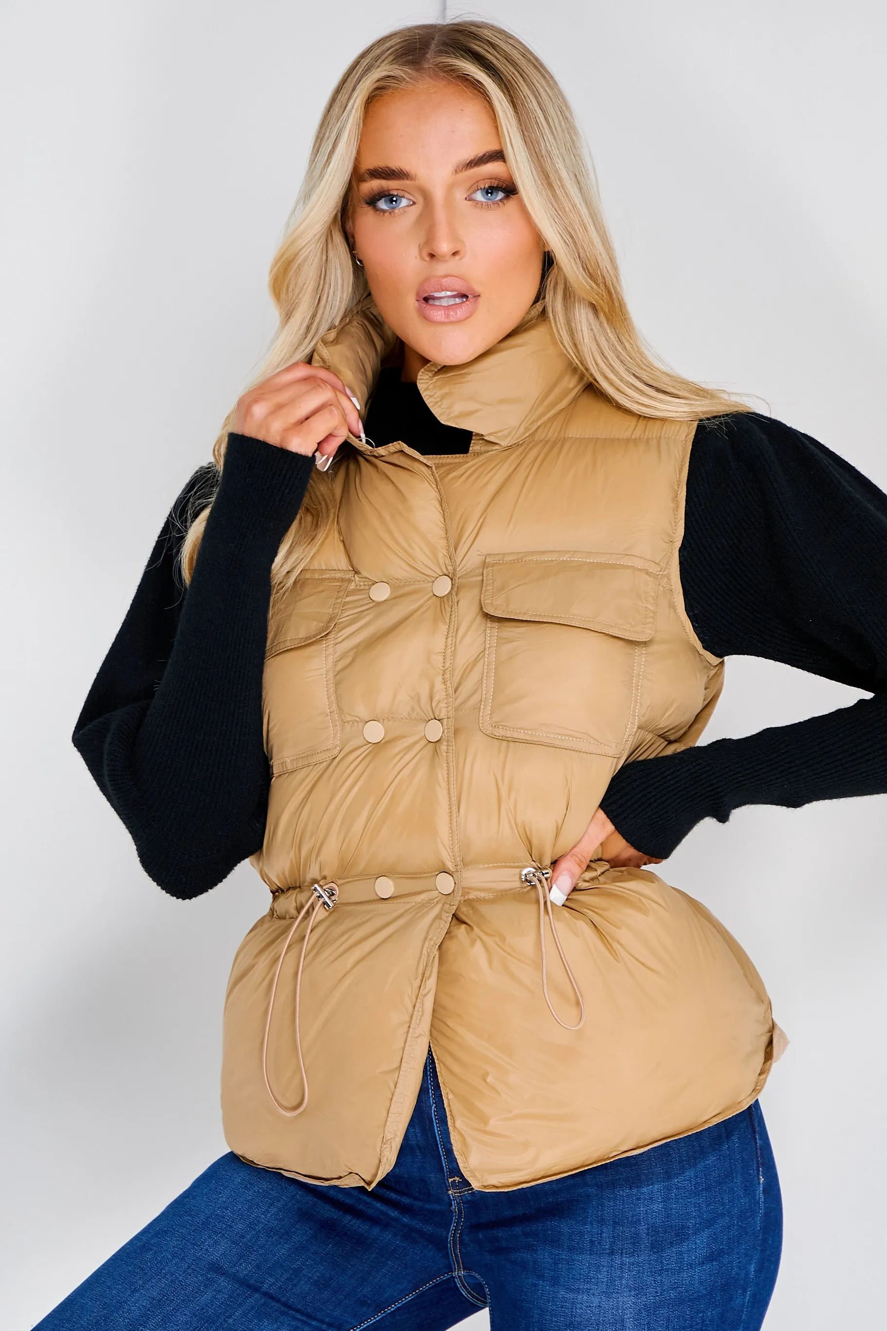 Pia Camel Puffer Gilet Coat