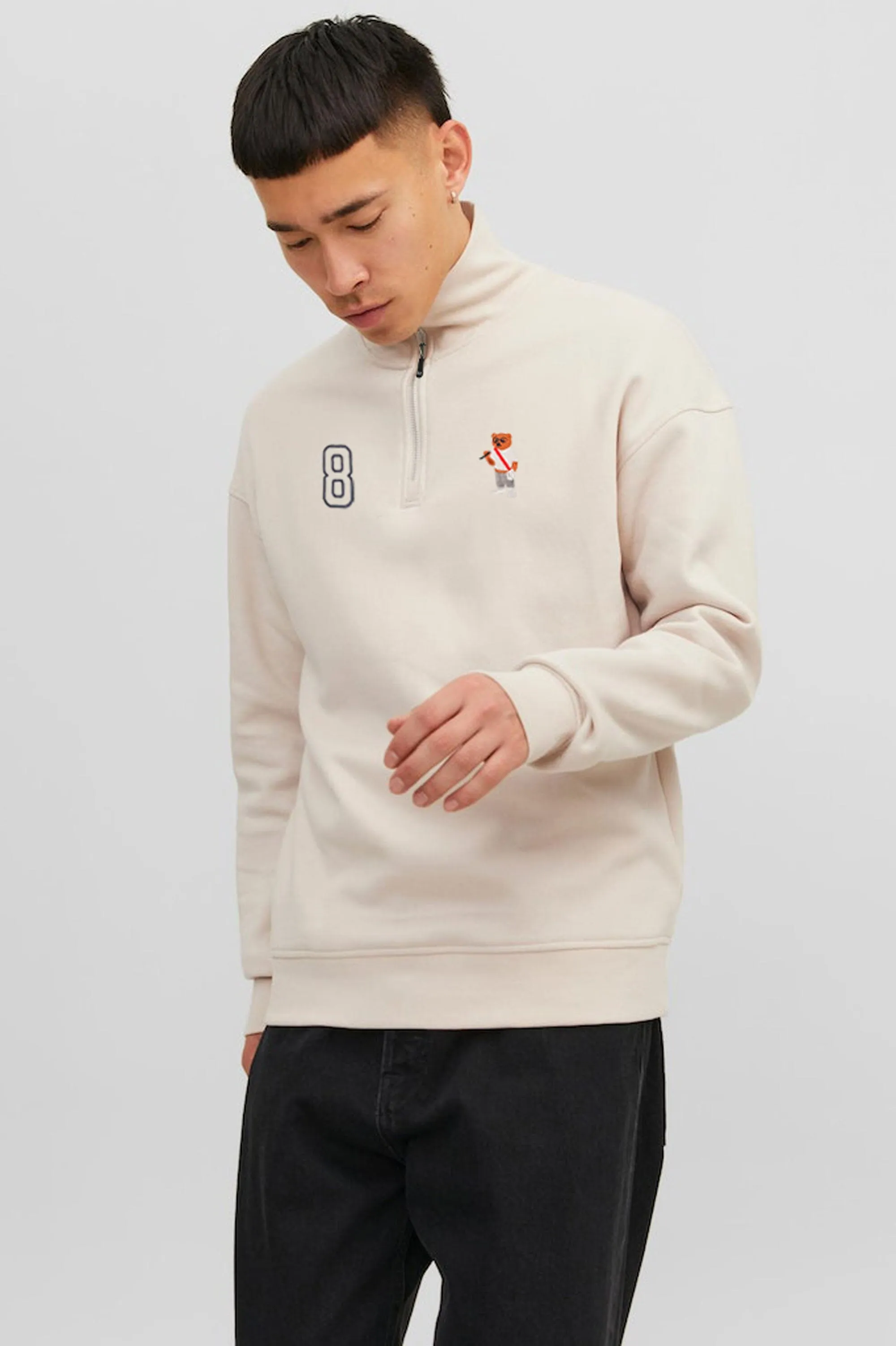 Polo Republica Men's Quarter Zipper Polo Bear & 8 Embroidered Terry Sweat Shirt