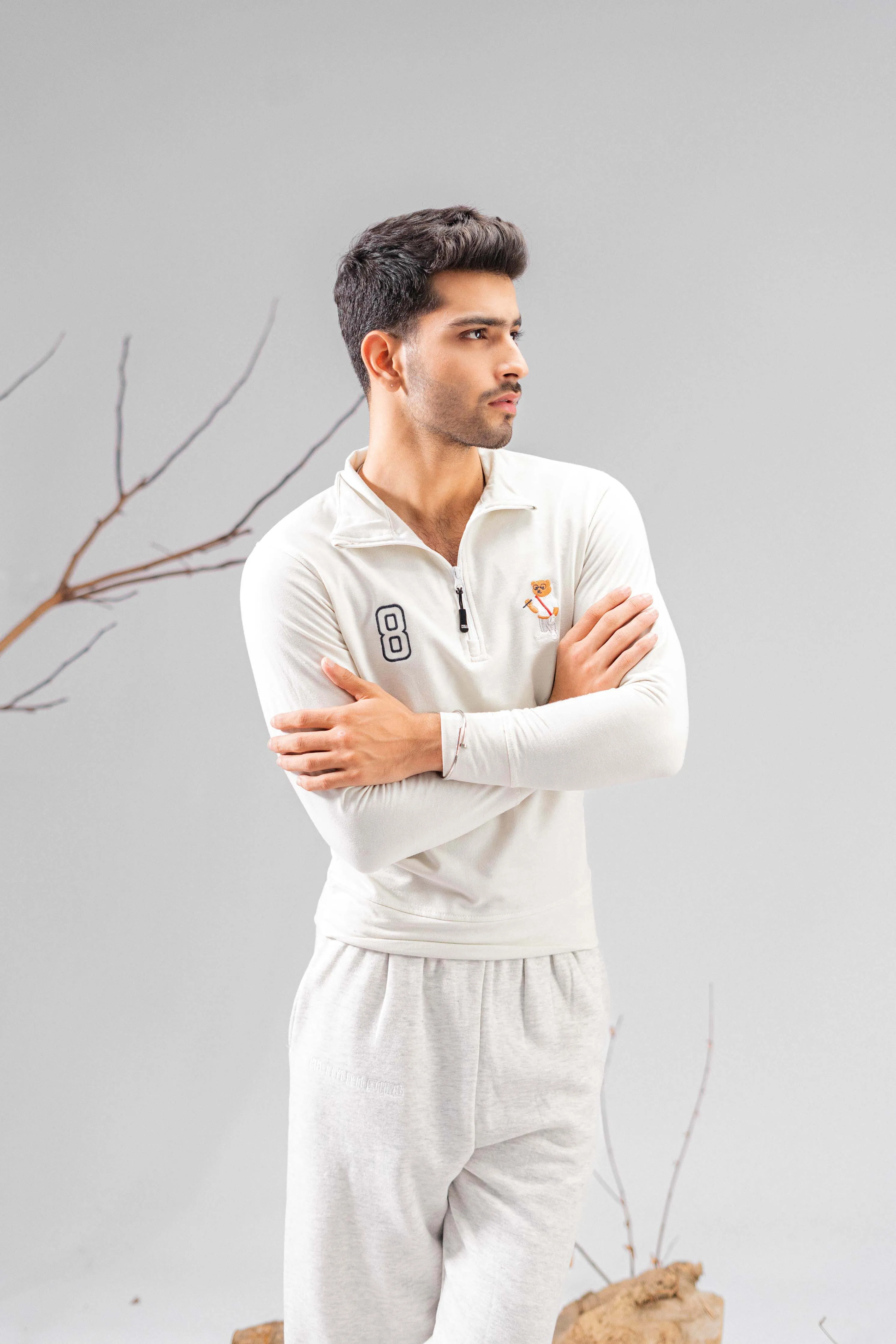 Polo Republica Men's Quarter Zipper Polo Bear & 8 Embroidered Terry Sweat Shirt