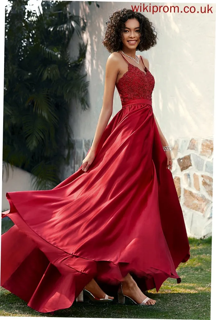 Satin With Milagros Ball-Gown/Princess Sweep V-neck Sequins Train Split Beading Prom Dresses Front
