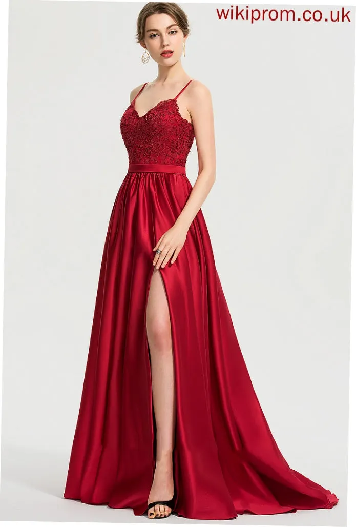 Satin With Milagros Ball-Gown/Princess Sweep V-neck Sequins Train Split Beading Prom Dresses Front
