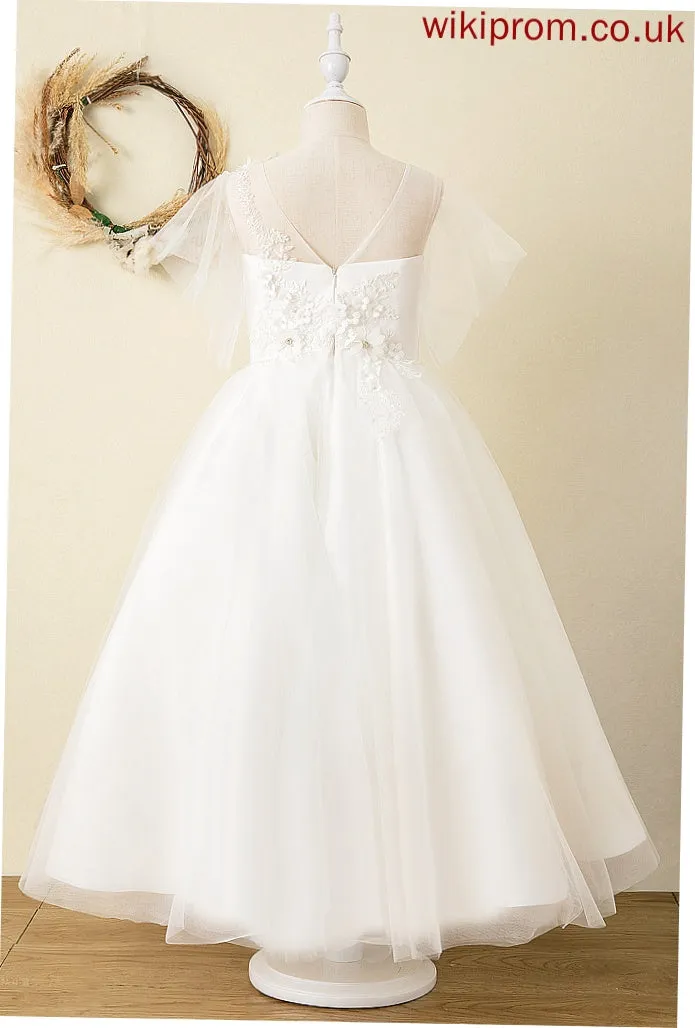 Satin/Tulle/Lace Ball-Gown/Princess With Neck Girl Scoop Sleeves Dress Back Alisa Flower Girl Dresses Flower - Ankle-length V Short