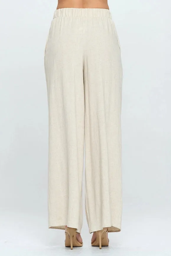 Solid Linen Wide Leg Pants With Pockets