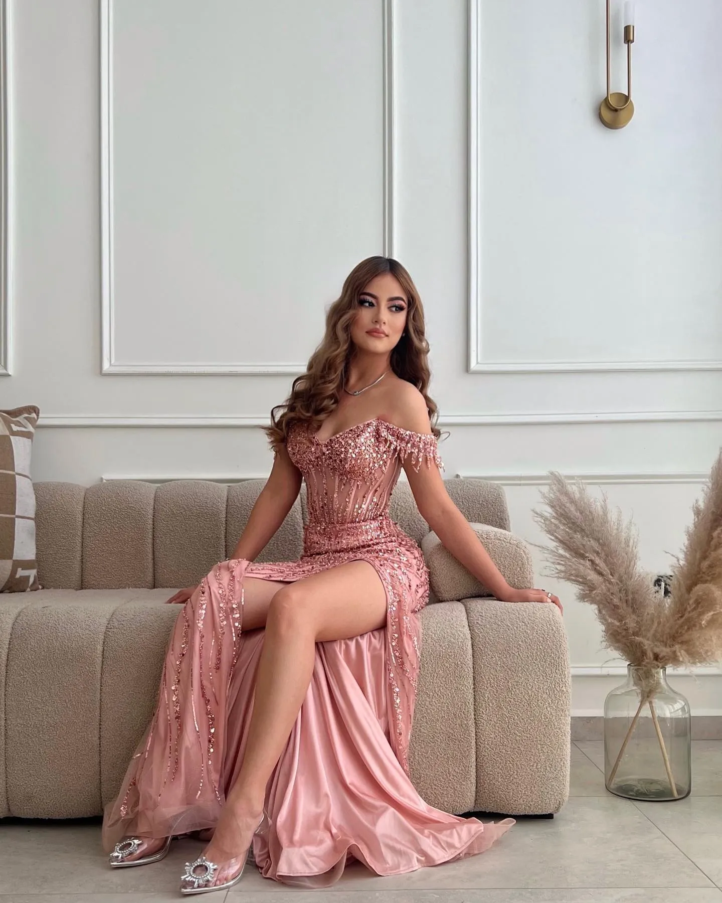 Sweetheart Applique Beaded Sequined Mermaid Prom Dress Off-Shoulder Slit Party Gowns with Satin Overskirt