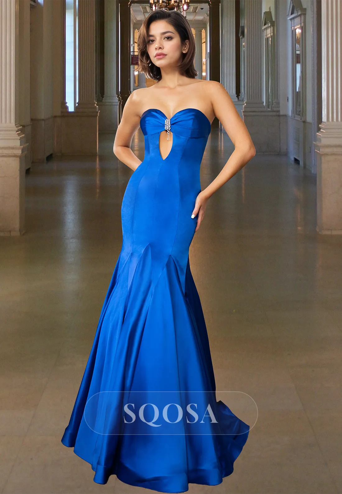 Sweetheart Off-Shoulder Sleeveless Beaded Cutout Mermaid Prom Dress Pleated Satin Formal Gowns
