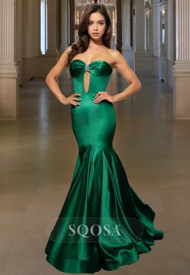 Sweetheart Off-Shoulder Sleeveless Beaded Cutout Mermaid Prom Dress Pleated Satin Formal Gowns